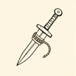 dagger and rope + cute and playful vibe, friendly expression, rounded shapes, soft proportions, charming and approachable feel, lighthearted personality